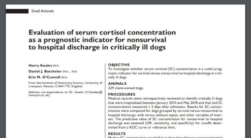 print Evaluation of serum cortisol concentration as a prognostic indicator for nonsurvival to hospital discharge in critically ill dogs